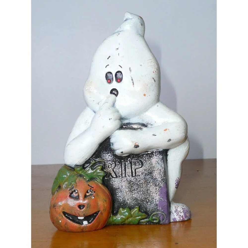 VTG Lot 3 Halloween Figurine Hand Painted Ceramic Witch Cauldron Ghost Black Cat